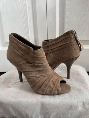 Nine West Taupe Suede Peep-Toe Ruching Ankle Booties